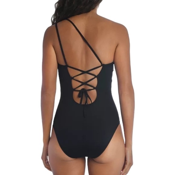 La Blanca Goddess Swimsuit One Piece Back Cutout One Shoulder Black Tummy Tight - Picture 13 of 14